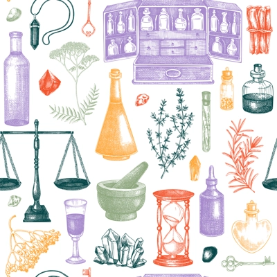 Antique apothecary background. Herbal medicine hand-drawn vector illustrations. Alchemy seamless pattern. Vintage chemistry design. NOT AI generated